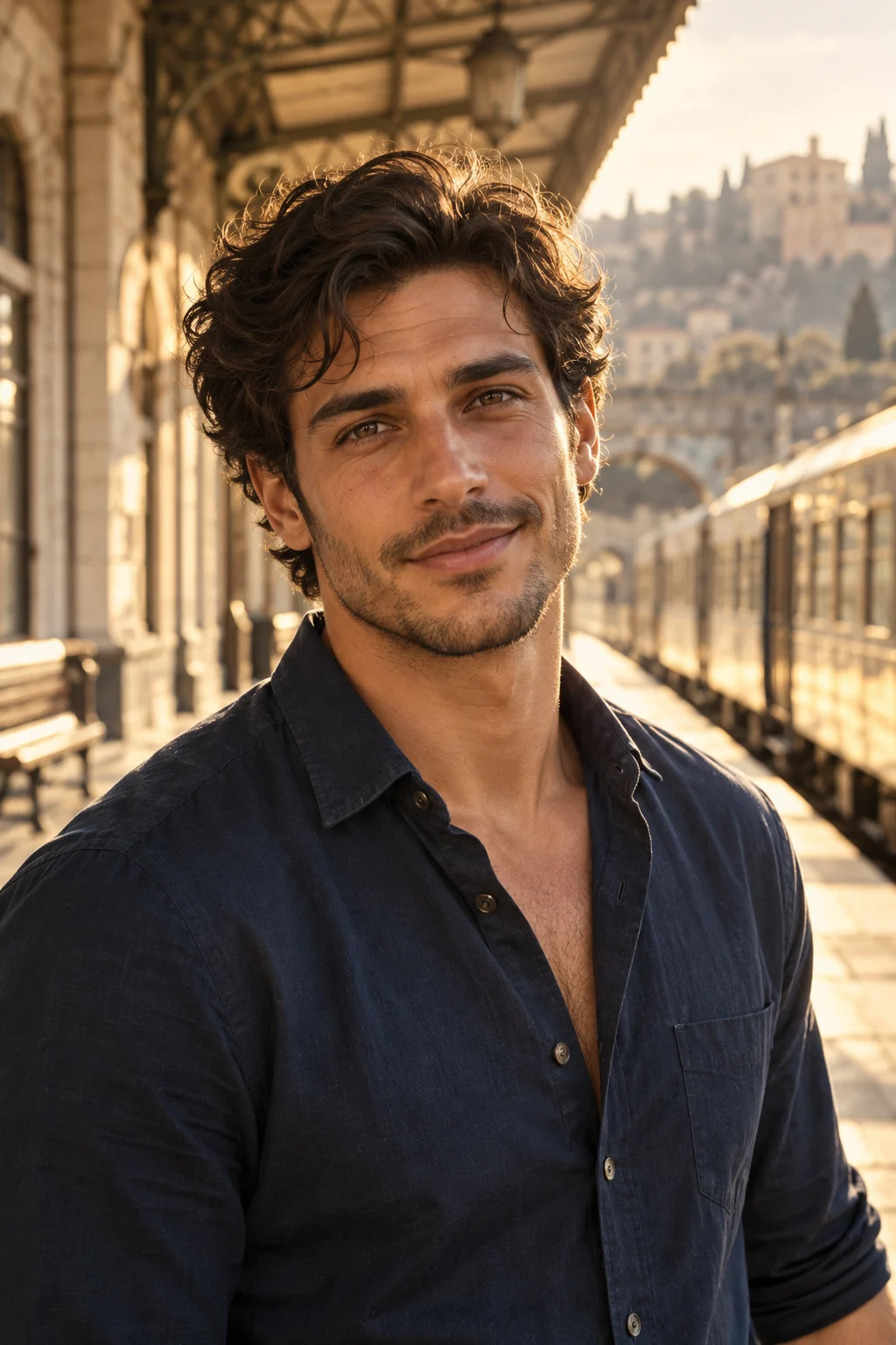 Theo on a sunlit train platform